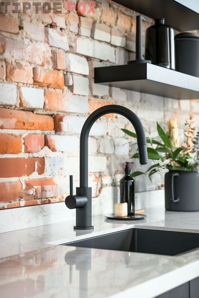 black-kitchen-faucet-with-exposed-brick