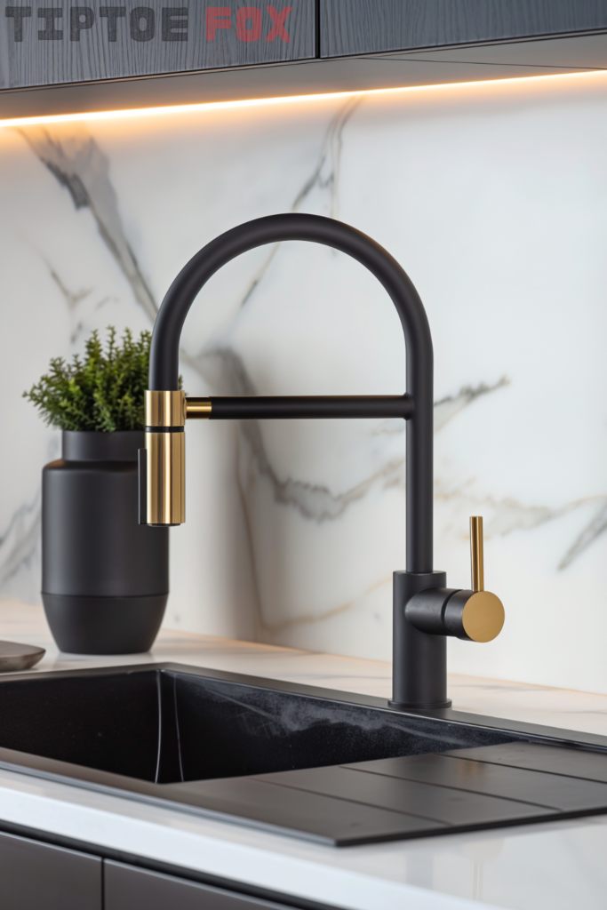 black-kitchen-faucet-with-gold-accents