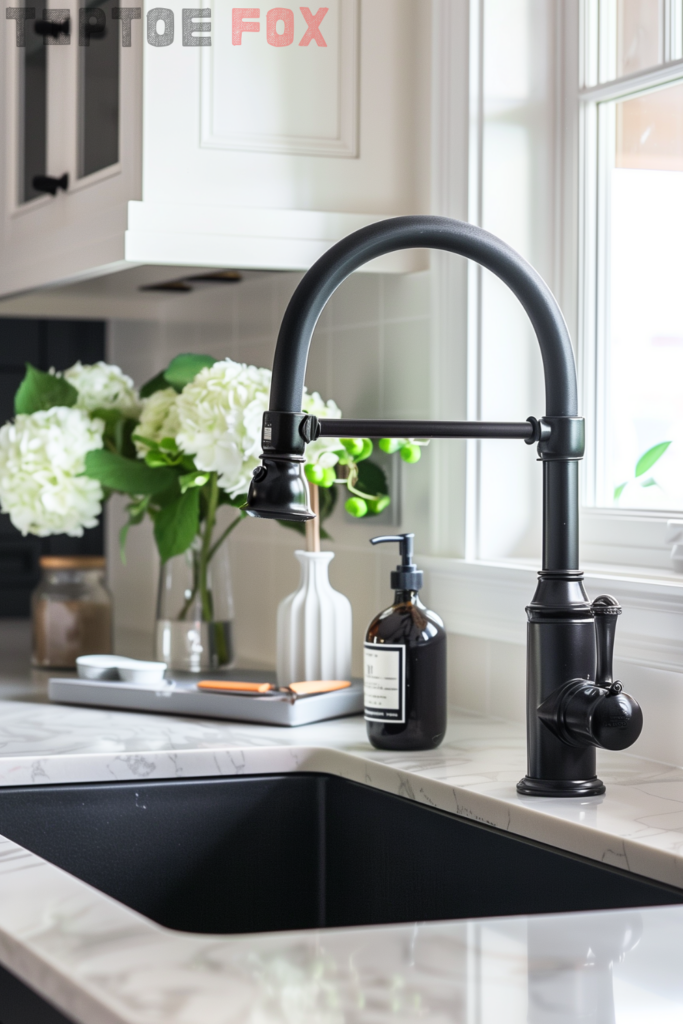 black-kitchen-faucet-with-towel-rack-idea