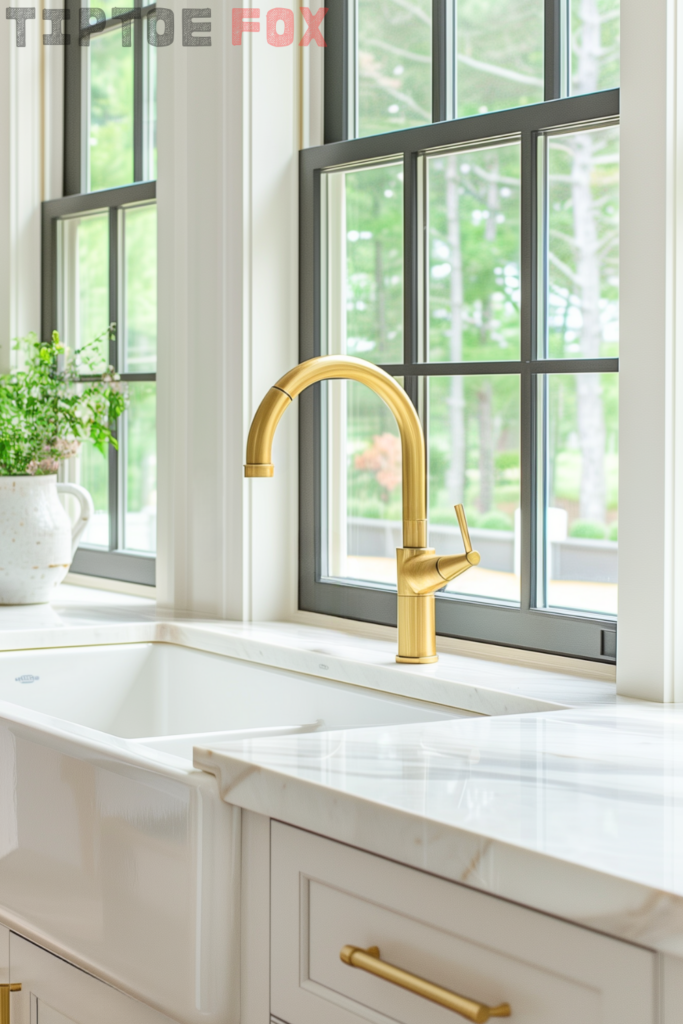 gold kitchen faucet with white sink