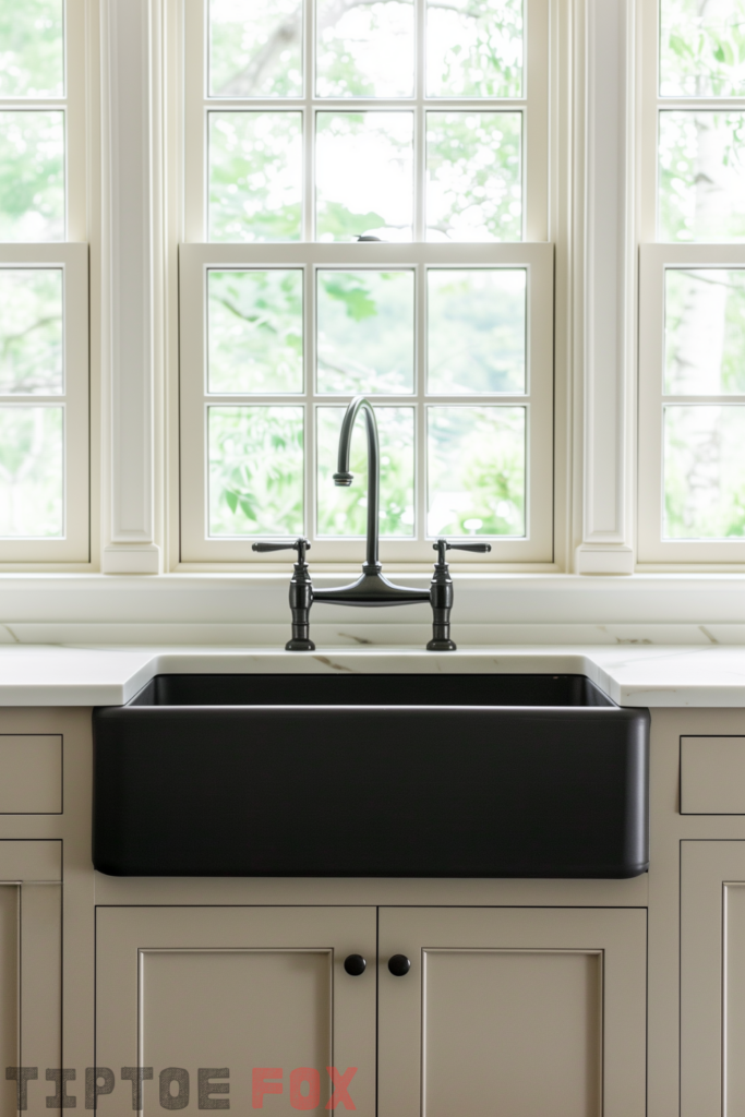 beige cabinets black sink farmhouse white quartz countertops black faucet under window modern kitchen design