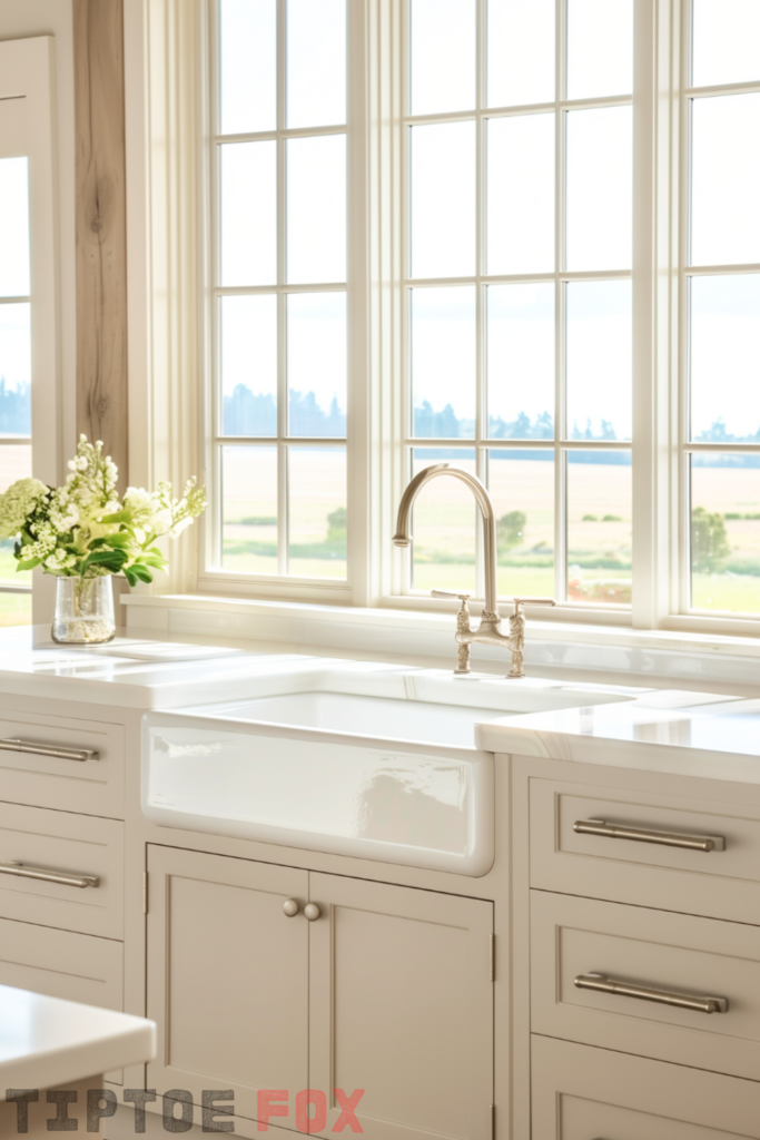 beige cabinets white farmhouse sink white countertops open design modern