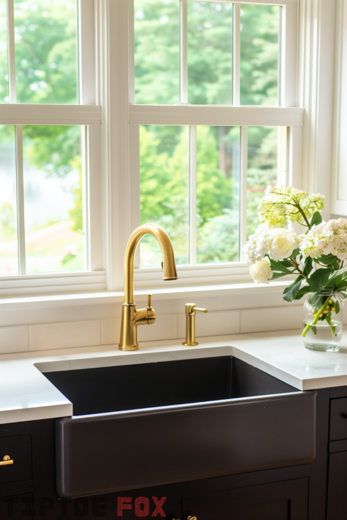 black cabinets black sink gold faucet gold hardware single bowl undermount white countertops under white windows modern kitchen design