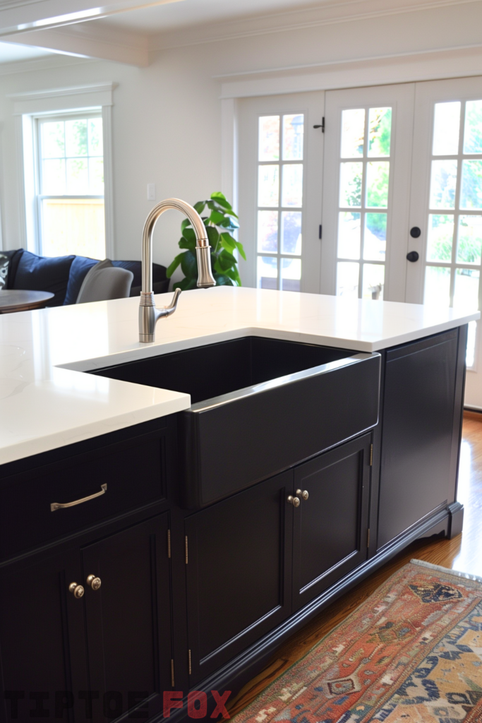 black cabinets black sink kitchen island white countertops open modern kitchen design