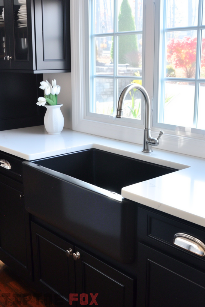 black cabinets black sink white countertops under window farmhouse kitchen layout