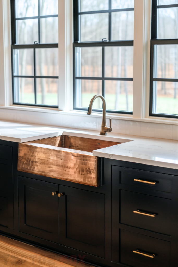 black cabinets copper farmhouse sink black windows white countertops brass pull down faucet single bowl design modern