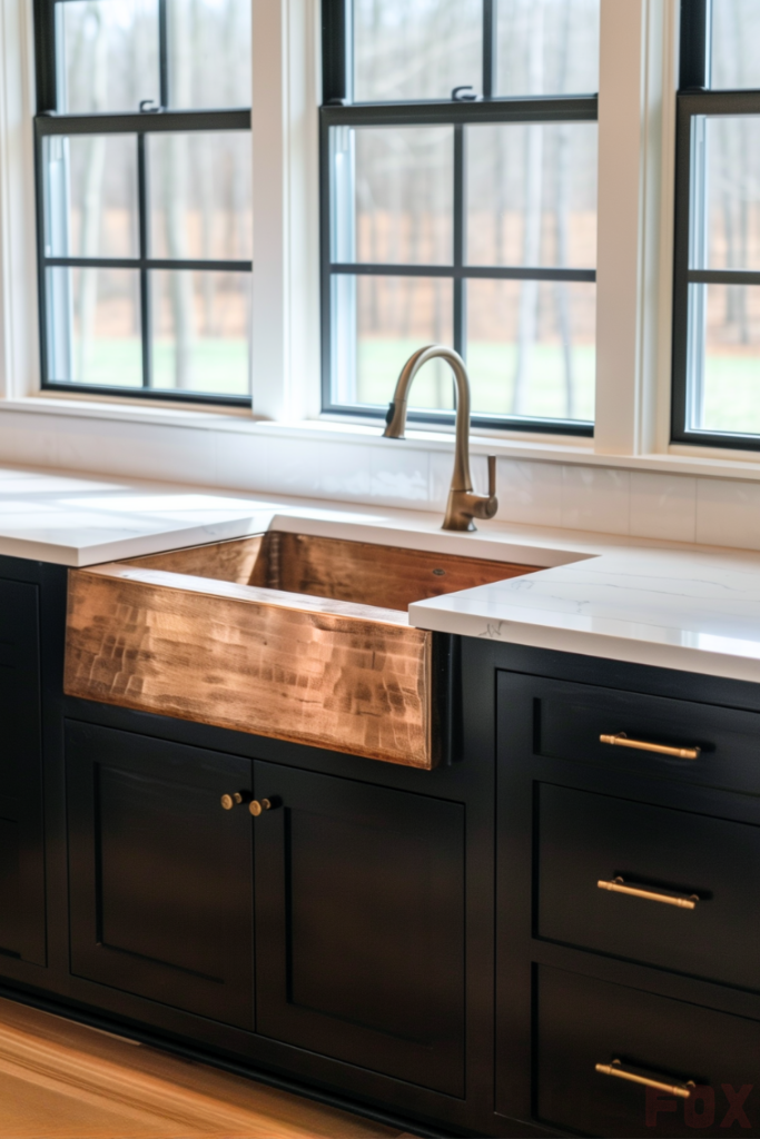 black cabinets gold sink brass faucet white countertops white backsplash under black windows modern kitchen design