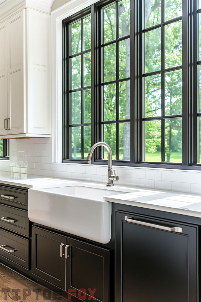 black cabinets white farmhouse sink white backsplash white countertops stainless steel faucet wood floor black windows modern kitchen design