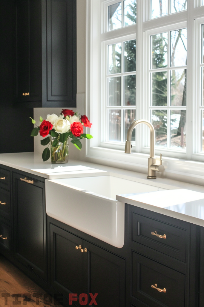 black cabinets white farmhouse sink white countertops modern kitchen