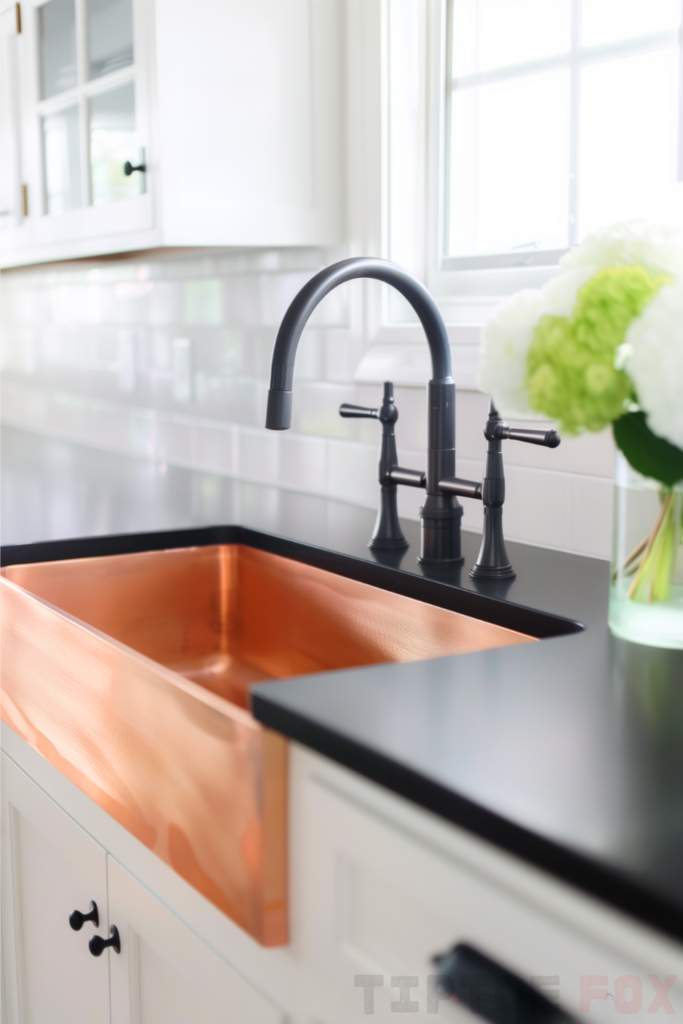 black countertops gold sink black faucet white backsplash white cabinets under white windows modern kitchen design