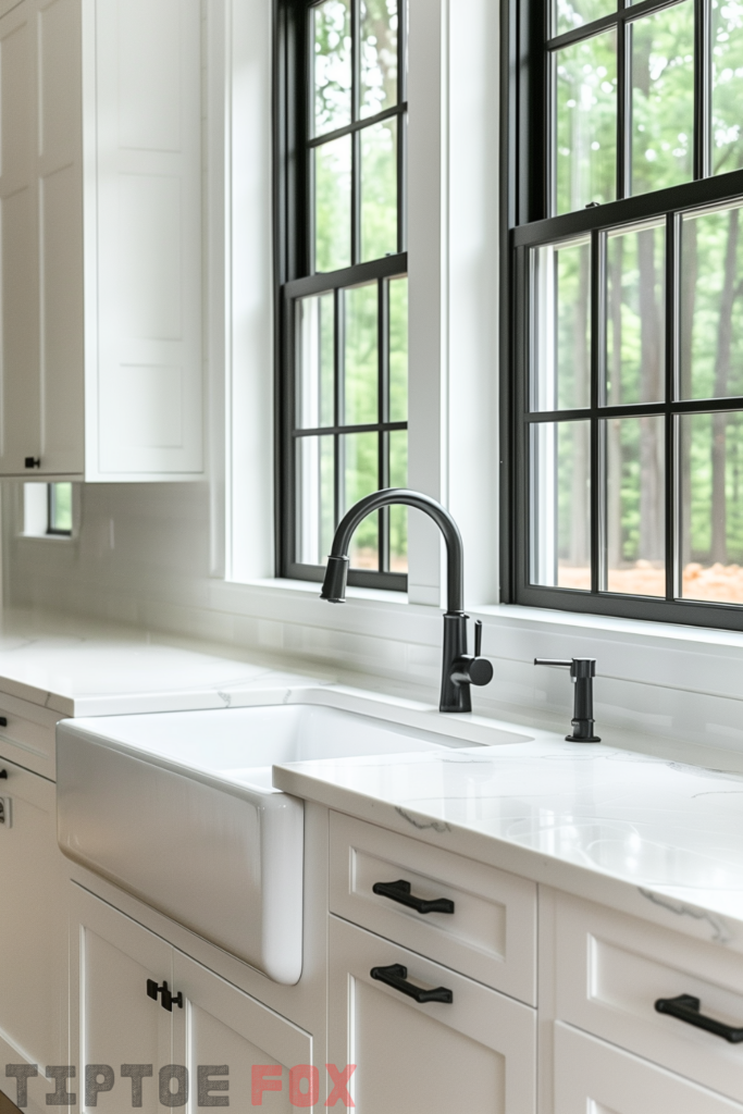 black faucet white farmhouse sink white kitchen cabinets white countertops modern design