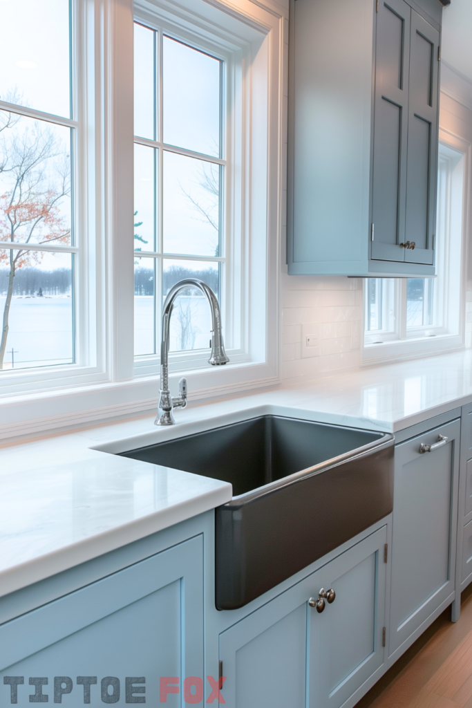 blue aqua cabinets black sink chrome faucet white countertops silver hardware under white windows modern kitchen design