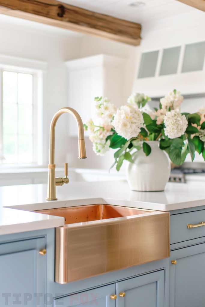 blue cabinets copper farmhouse sink island gold faucet exposed wood beams white hood vent gold hardware white modern kitchen