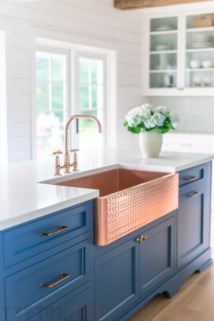 blue cabinets copper farmhouse sink island hammered apron vintage three hole gold faucet wood beam white shiplap walls white kitchen wood floors white countertops