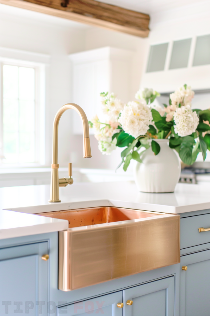 blue cabinets gold sink island gold faucet white countertops exposed wood beam bright white kitchen design