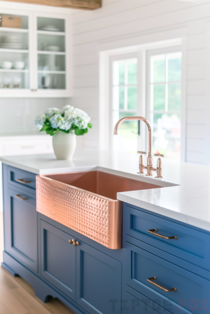 blue cabinets gold sink island gold faucet white countertops white shiplap exposed wood beam modern open kitchen design