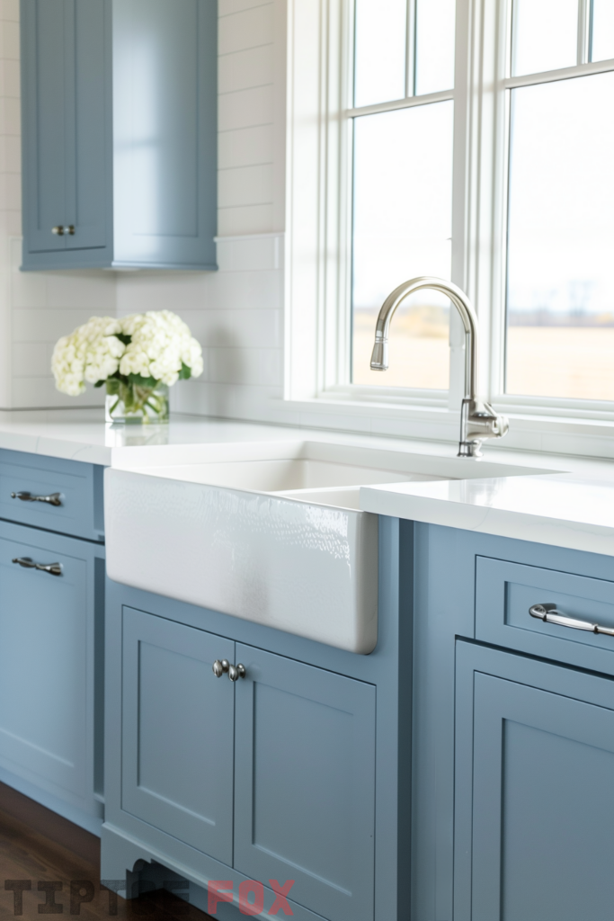 blue cabinets white farmhouse sink double bowl white kitchen countertop