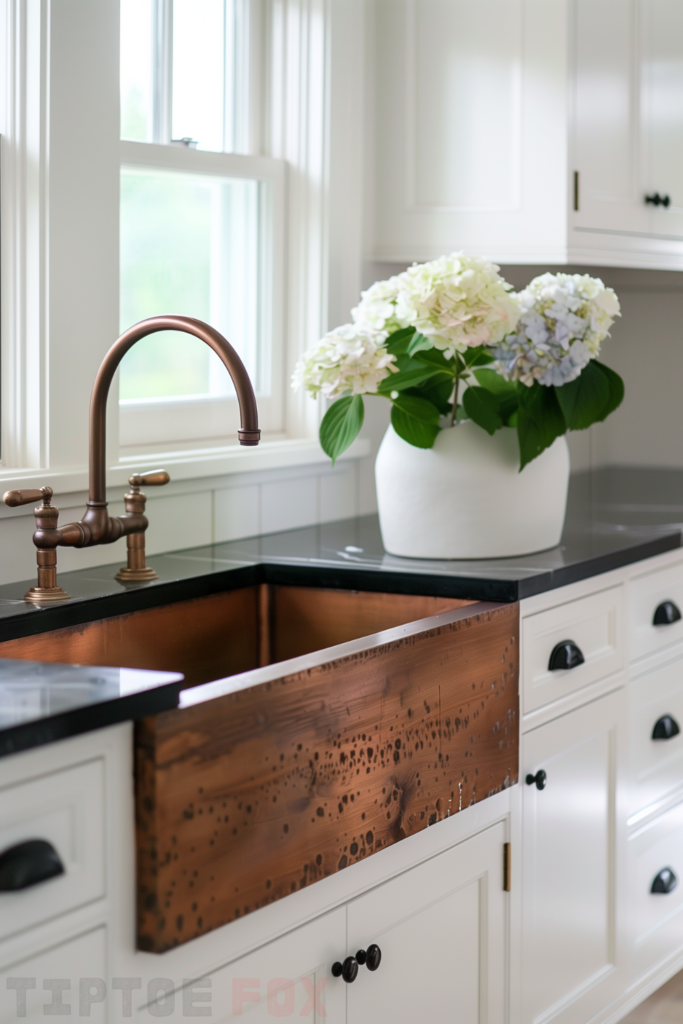 brass faucet copper farmhouse sink black countertops white cabinets single bowl design under windows