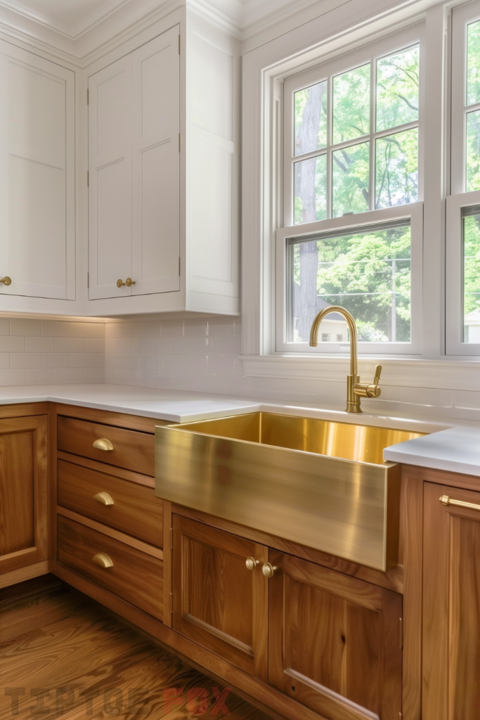 brown oak wood cabinets gold sink gold hardware white countertops gold faucet white windows modern kitchen design