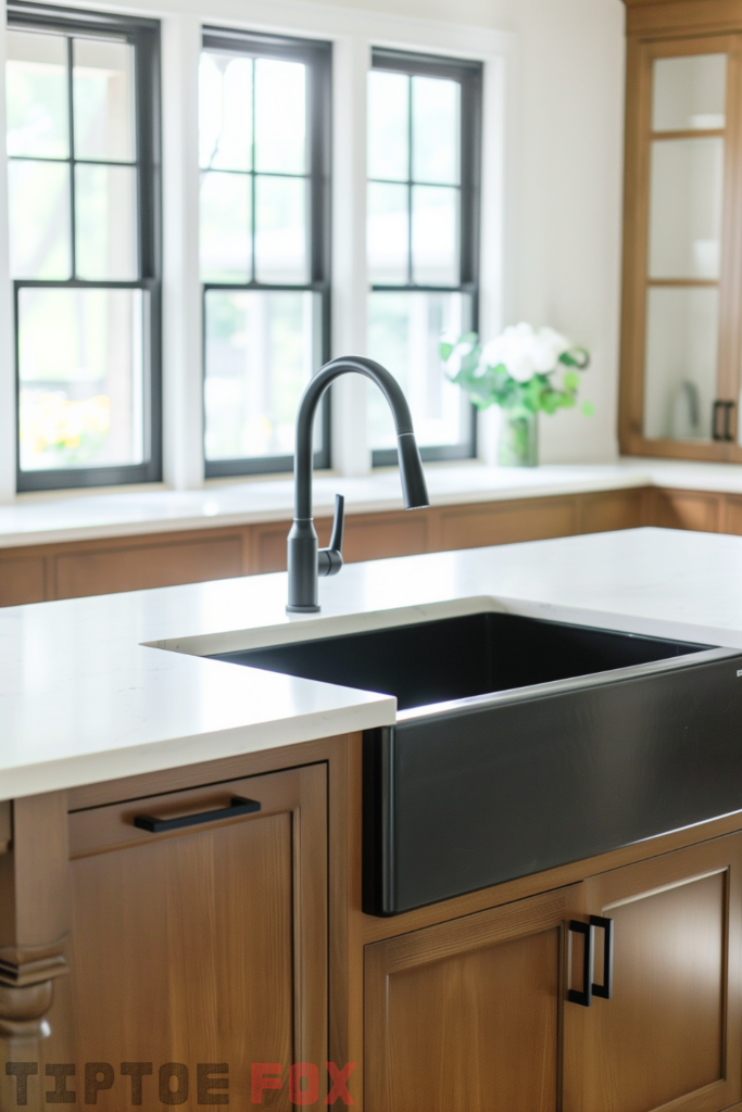 brown wood cabinets black sink white countertops under window farmhouse kitchen layout