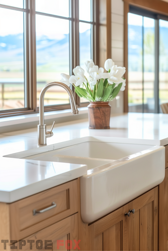 brown wood oak cabinets white farmhouse sink double bowl white quartz countertops