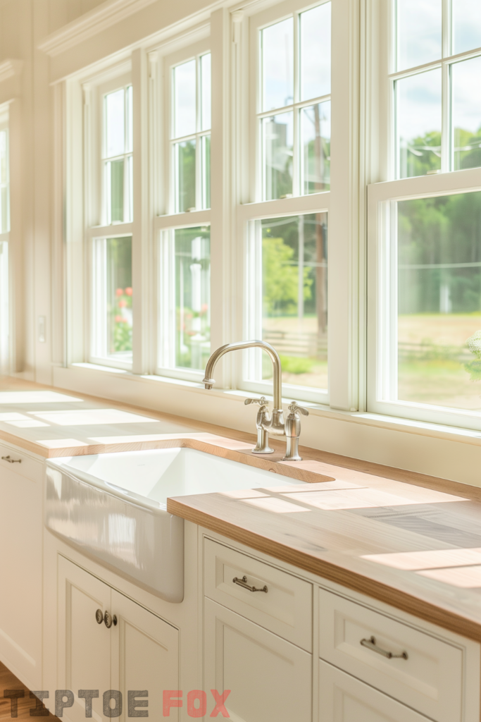 butcher block countertop with white farmhouse kitchen sink white cabinets modern