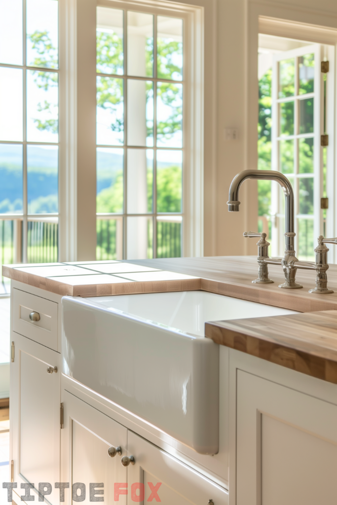 butcher block countertop with white farmhouse sink island with white cabinets country style modern kitchen layout