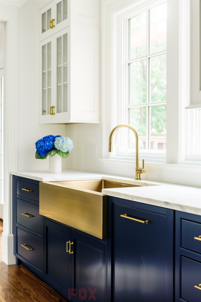 cabinets navy kitchen gold sink white quartz countertops white backsplash gold faucet under window modern kitchen design