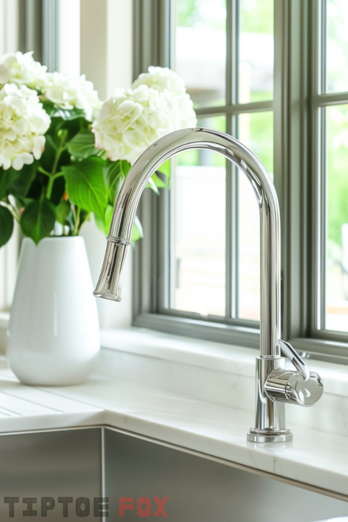 chrome kitchen faucet with pull down sprayer