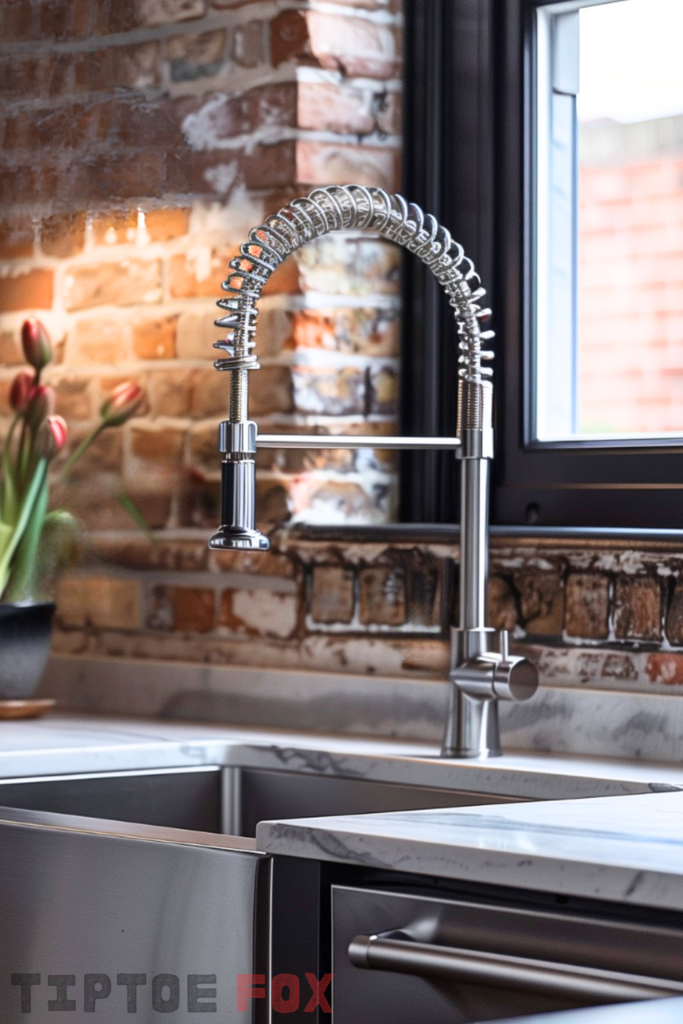 chrome kitchen faucet with pull down sprayer exposed brick backsplash