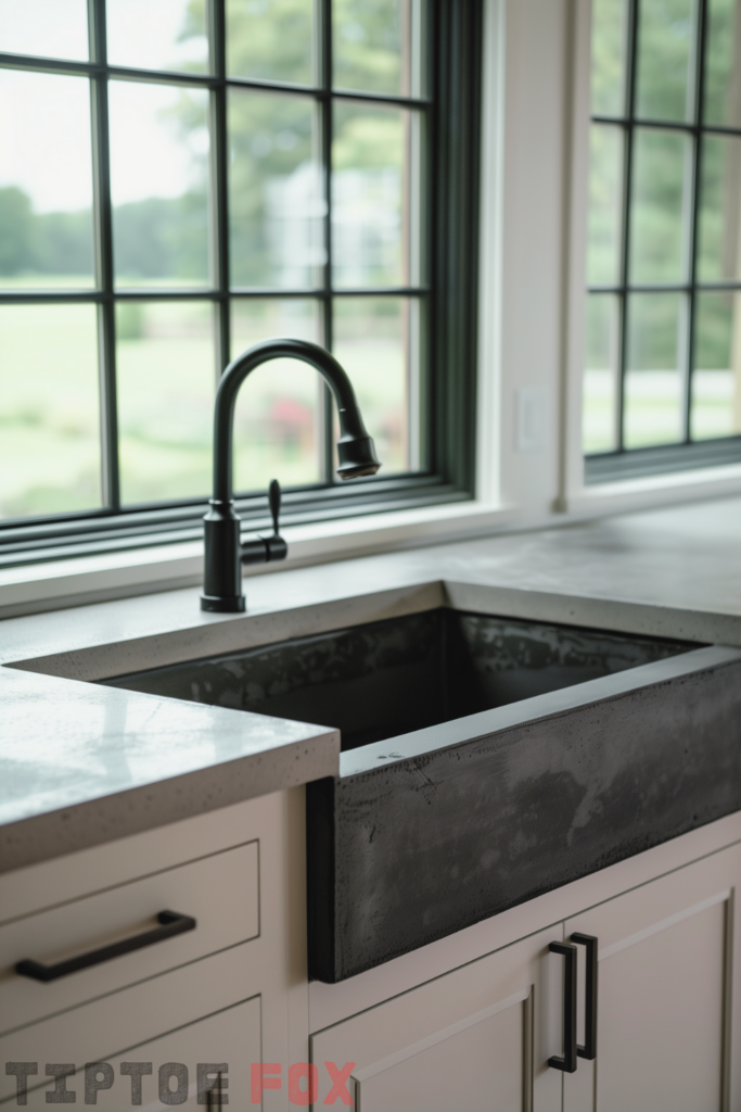 concrete gray countertops black sink farmhouse black faucet black hardware under black windows modern kitchen design