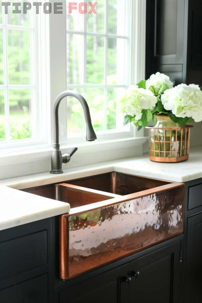 copper double basin farmhouse sink with black cabinets white countertop