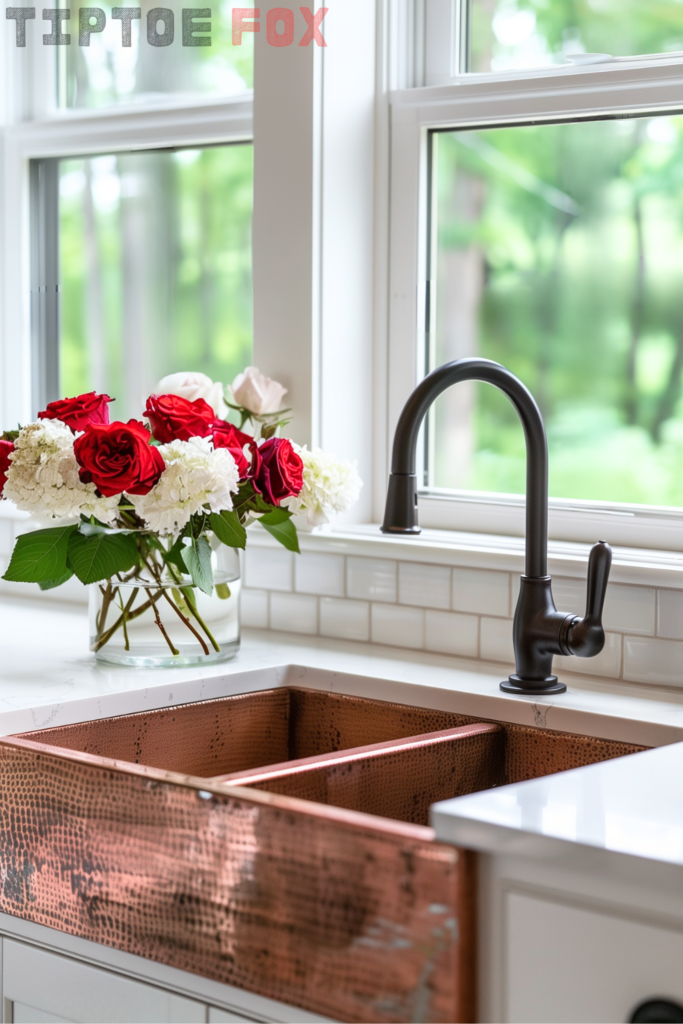 copper double basin farmhouse sink with white cabinets black faucet kitchen rose decor