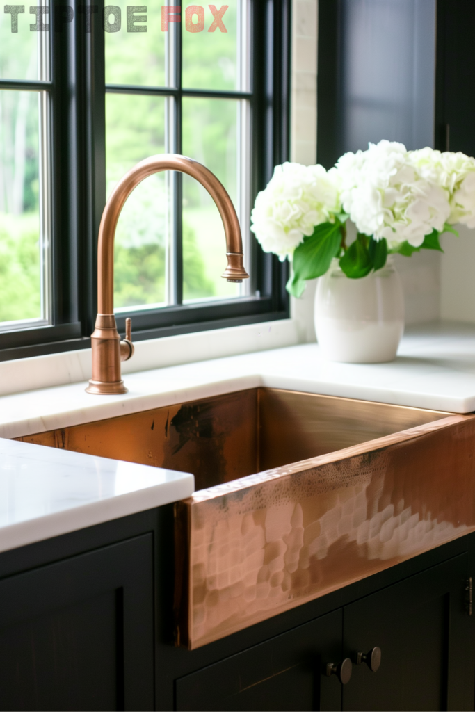 copper farmhouse kitchen sink with black cabinets white countertop