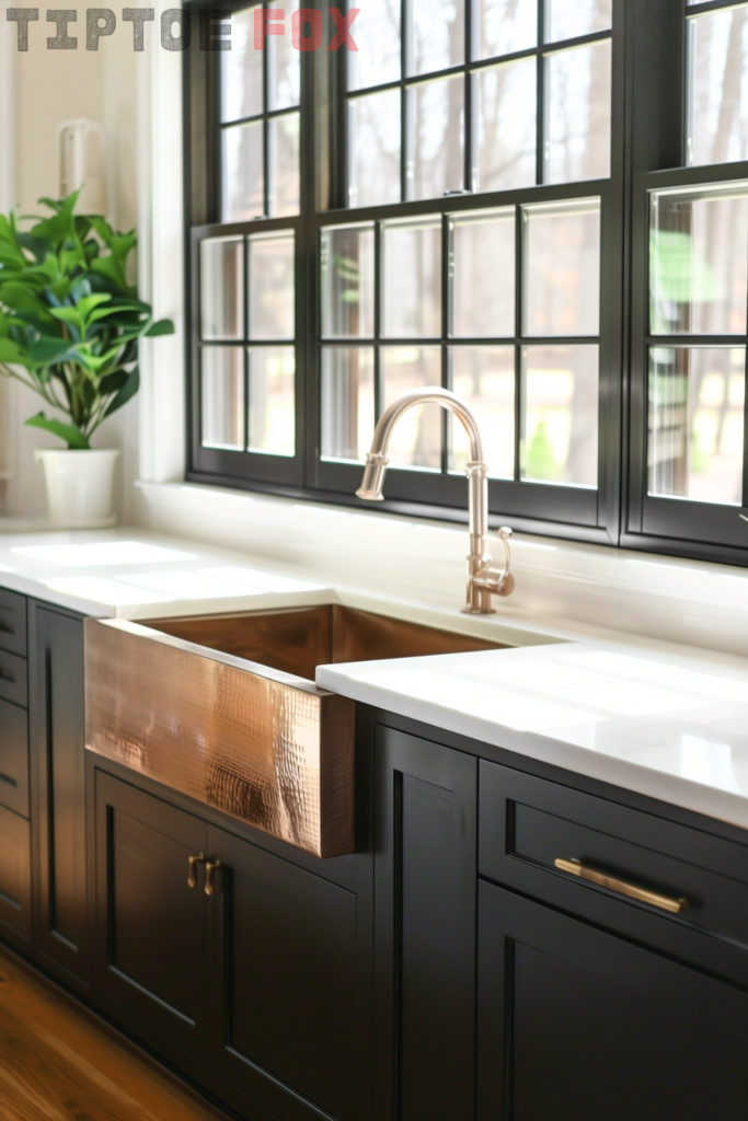 copper farmhouse kitchen sink with black cabinets white countertop black trim windows modern