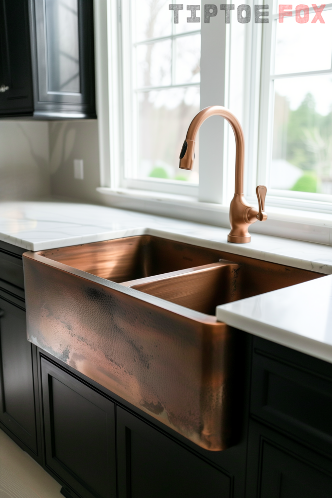 copper farmhouse kitchen sink with black cabinets white countertop white trim windows modern