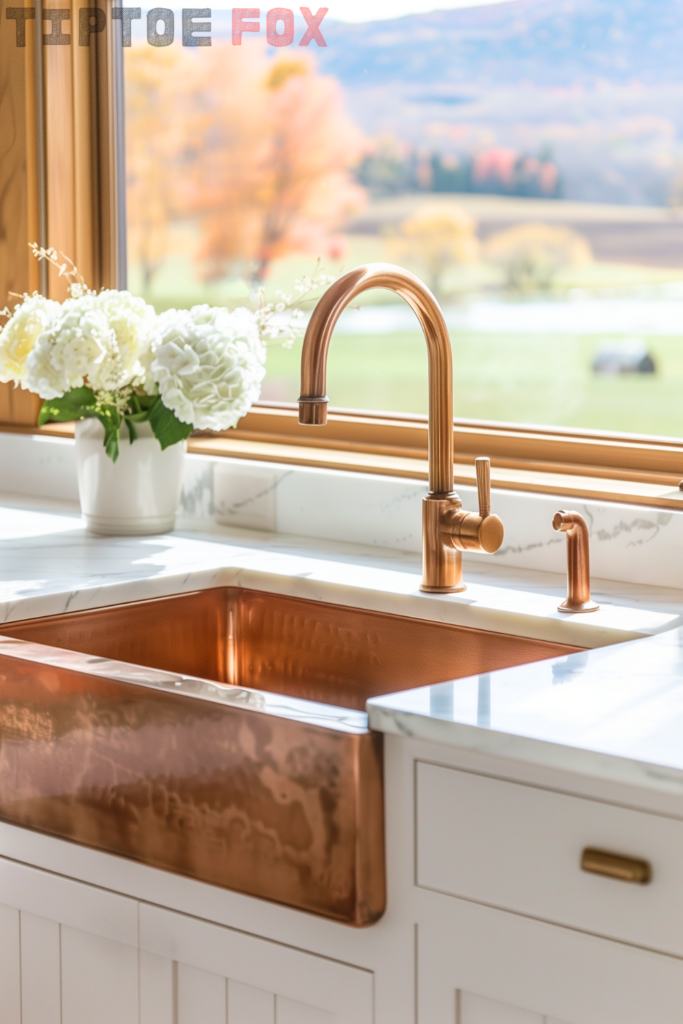 copper farmhouse kitchen sink with copper kitchen faucet with side sprayer white flower autumn