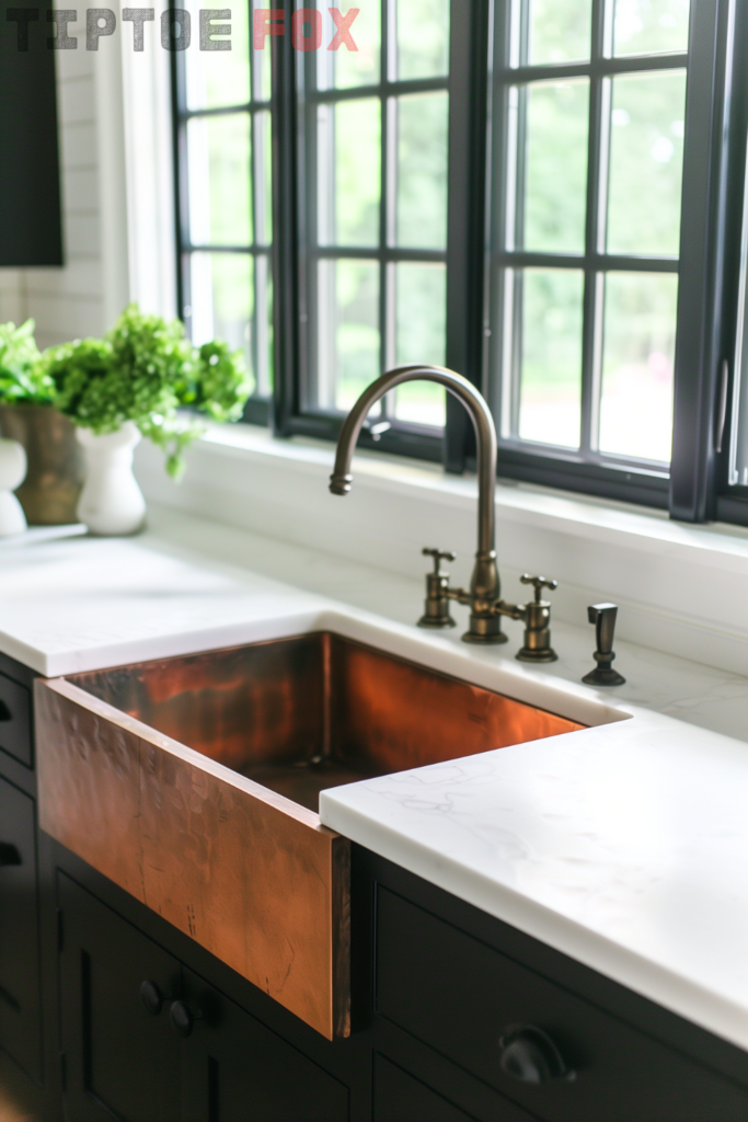 copper farmhouse sink with black cabinets kitchen vintage faucet