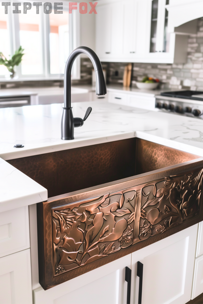 copper farmhouse sink with black pull down kitchen faucet modern