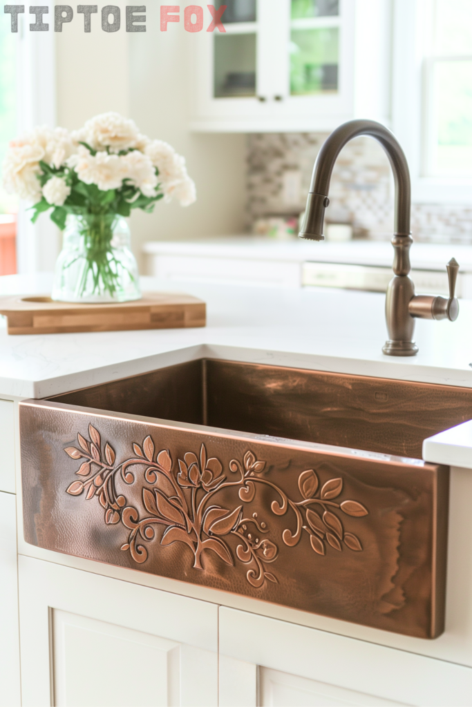 copper farmhouse sink with vine apron with bronze kitchen faucet modern