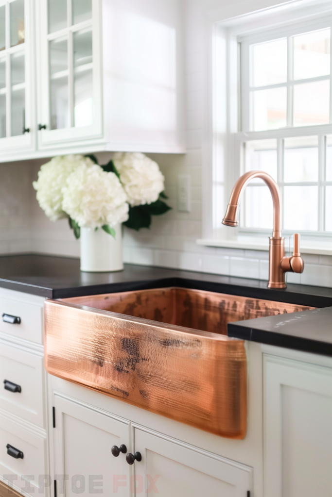 copper faucet copper farmhouse sink dark countertops black with white cabinets white backsplash single bowl hammered apron design under windows modern