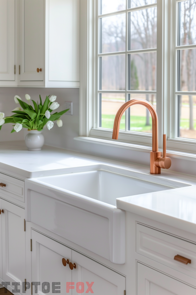 copper faucet white farmhouse sink white kitchen cabinets white countertops modern design