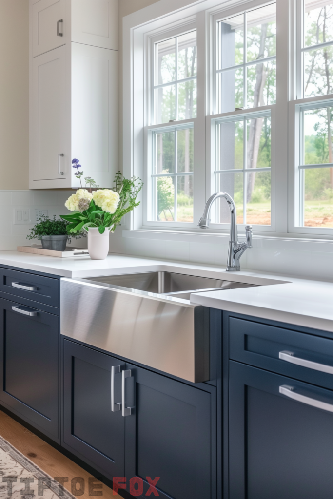 double basin stainless steel farmhouse kitchen sink navy blue kitchen cabinets lower white upper cabinets two tone white countertops modern