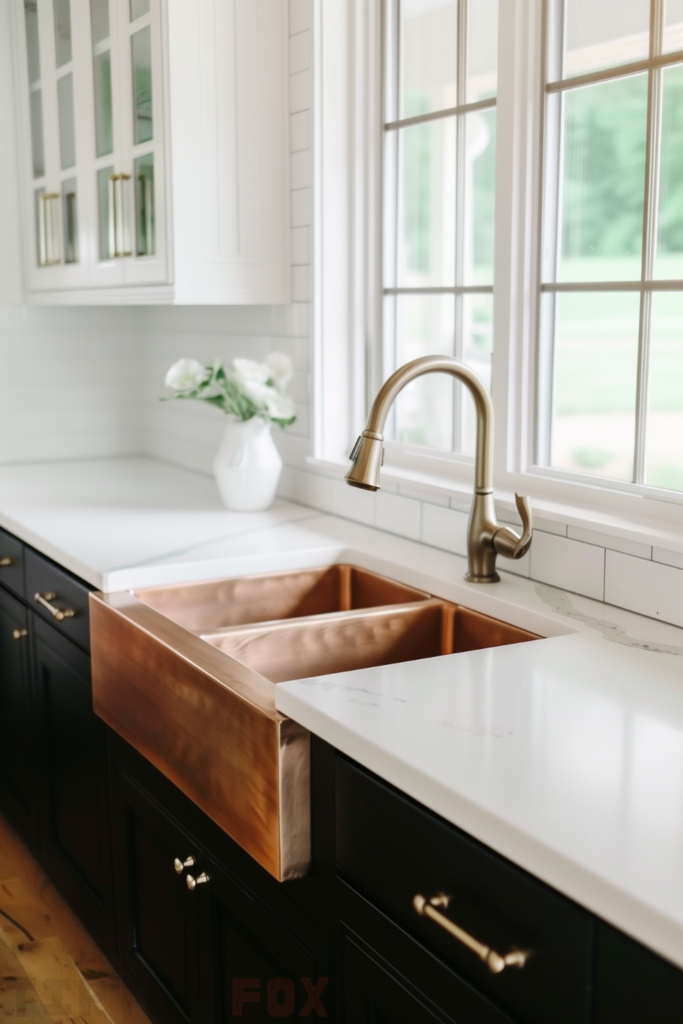 double bowl copper farmhouse sink black cabinets white countertops gold faucet gold hardware white backsplash under window design modern