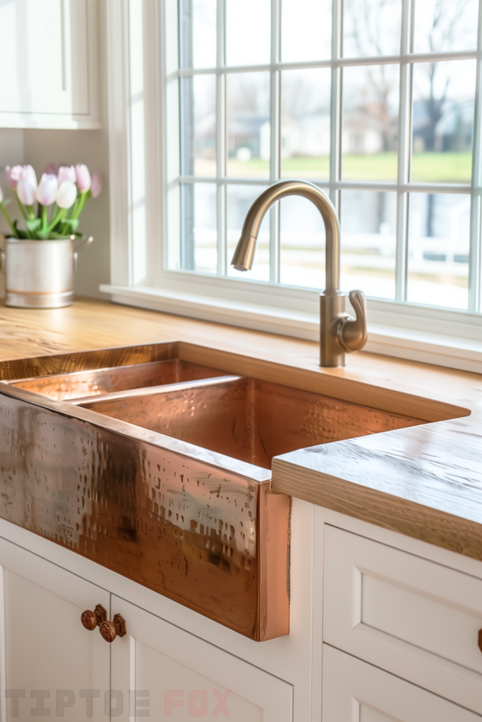 double bowl copper farmhouse sink butcher block countertop white cabinets gold faucet copper hardware white window design modern