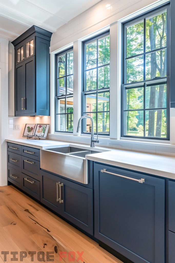 double bowl stainless steel farmhouse kitchen sink navy blue kitchen cabinets white countertops vaulted ceiling