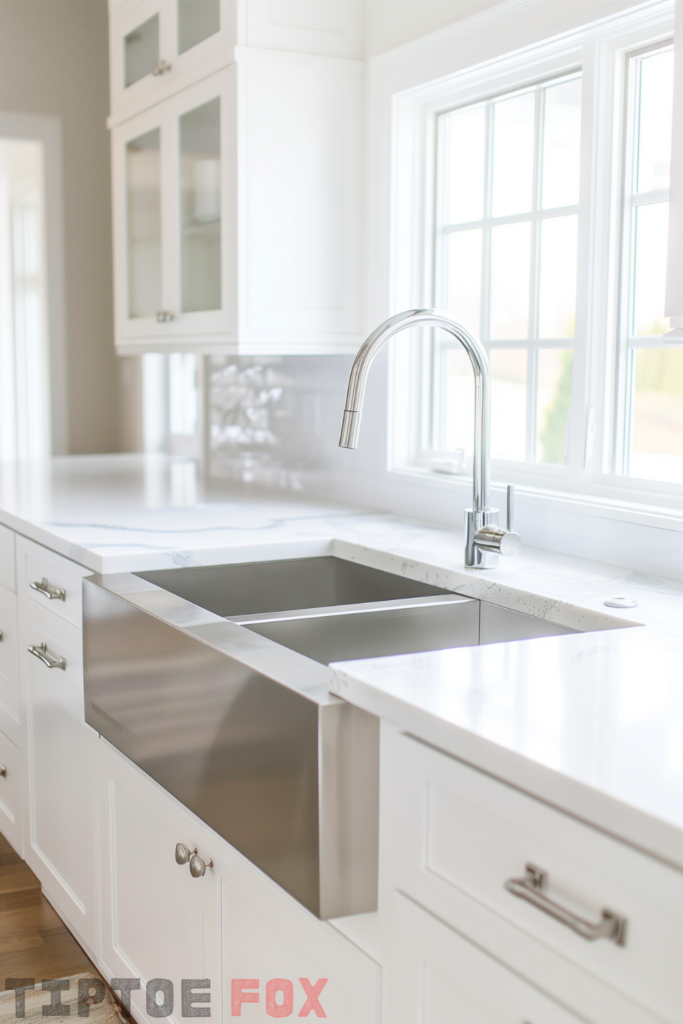 double bowl stainless steel farmhouse kitchen sink white kitchen cabinets white countertops modern kitchen layout