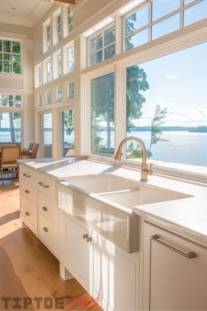 double bowl white farmhouse sink white kitchen modern open lake view