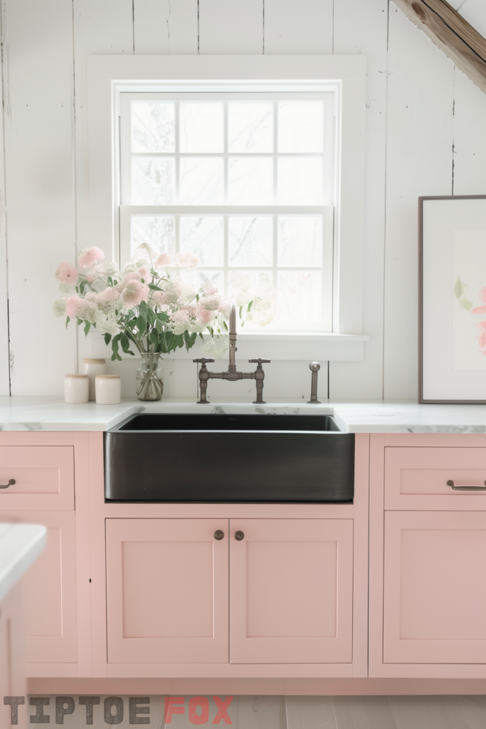 farmhouse kitchen black sink pink cabinets vintage faucet white quartz countertops under window layout