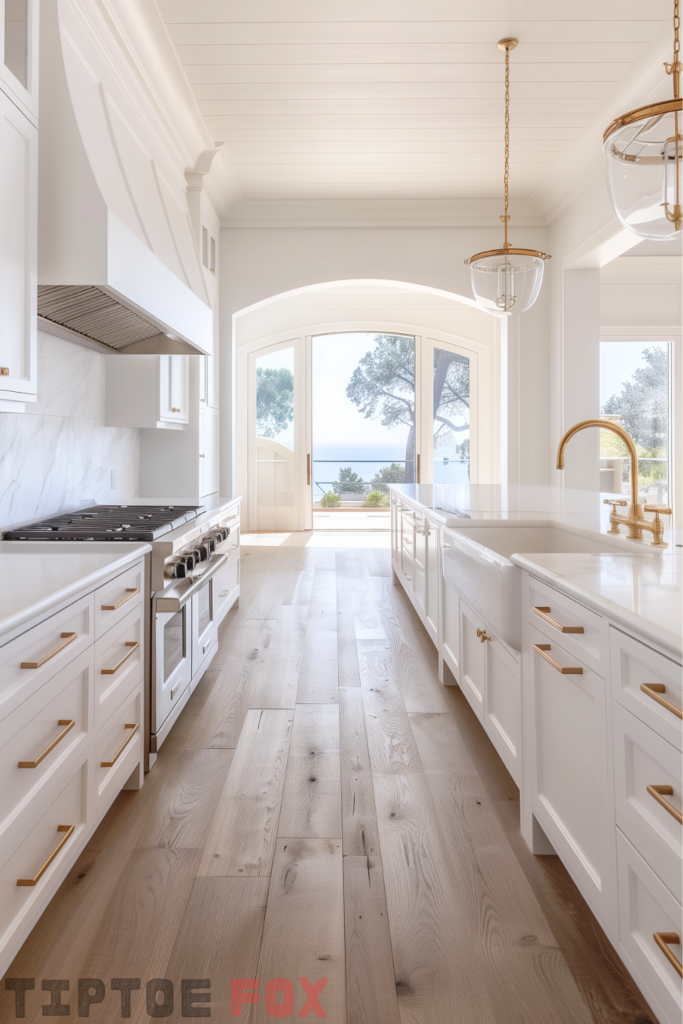 galley white kitchen gold hardware backsplash marble with gold faucet white countertops white cabinets open patio wood floors white range hood modern